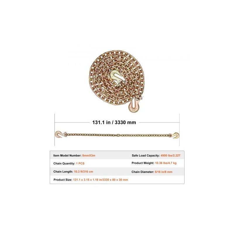 Kuljetussidontaketju G80-luokan 8 mm 316 cm 2,22 t haarukkakoukuilla