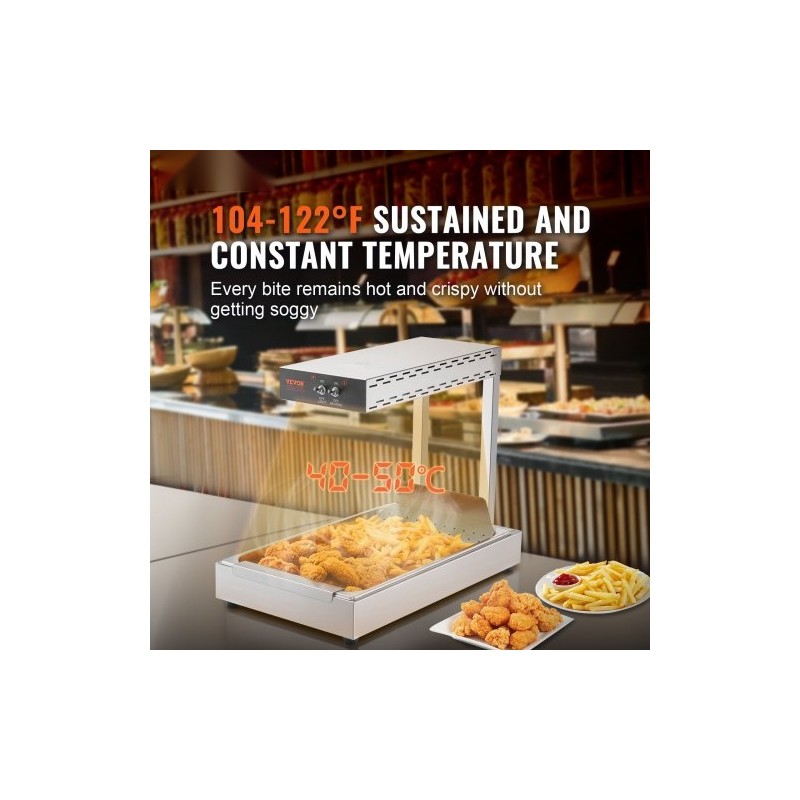 Lämpölamppu ranskanperunoille ruostumatonta terästä 750 watin teho 40–50 celsiusastetta pöytämalli