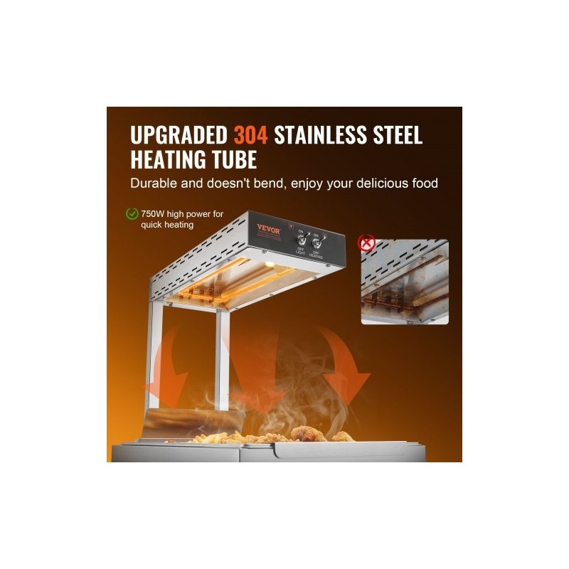 Lämpölamppu ranskanperunoille ruostumatonta terästä 750 watin teho 40–50 celsiusastetta pöytämalli