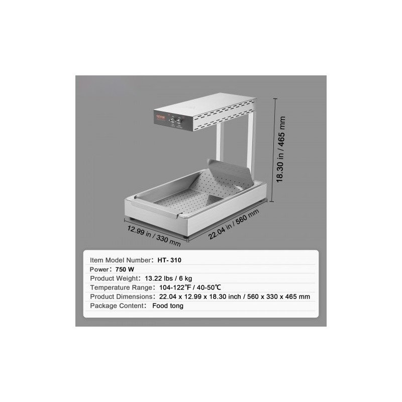 Lämpölamppu ranskanperunoille ruostumatonta terästä 750 watin teho 40–50 celsiusastetta pöytämalli
