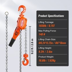 Vipuketjutalja 748 kg G80-luokan galvanoitu hiiliteräsketju 3,1 m Weston-kaksoiskynsijarru 360 asteen koukku