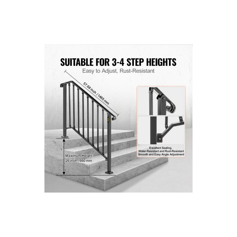 Taottu rautakaide säädettävä 3–4 portaalle mattamusta ulkokäyttöön