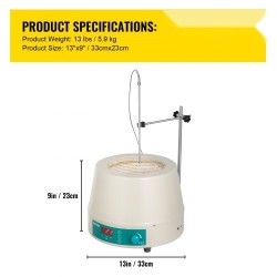 Lämmityskuori magneettisekoittimella 2000 ml pyöreäpohjaisille keittopulloille digitaalinen lämpötilansäätö 600 watin teho