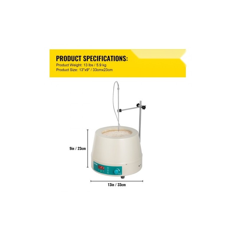 Lämmityskuori magneettisekoittimella 2000 ml pyöreäpohjaisille keittopulloille digitaalinen lämpötilansäätö 600 watin teho
