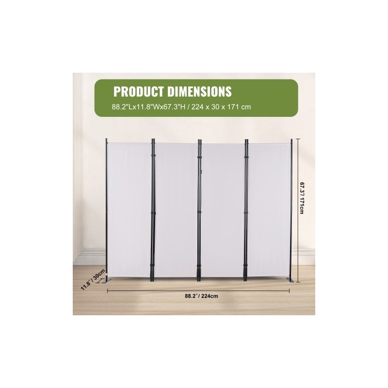 Tilanjakaja 4-paneelinen hiiliteräsrunko 180g polyesterikangas taitettava 224 cm leveä 171 cm korkea