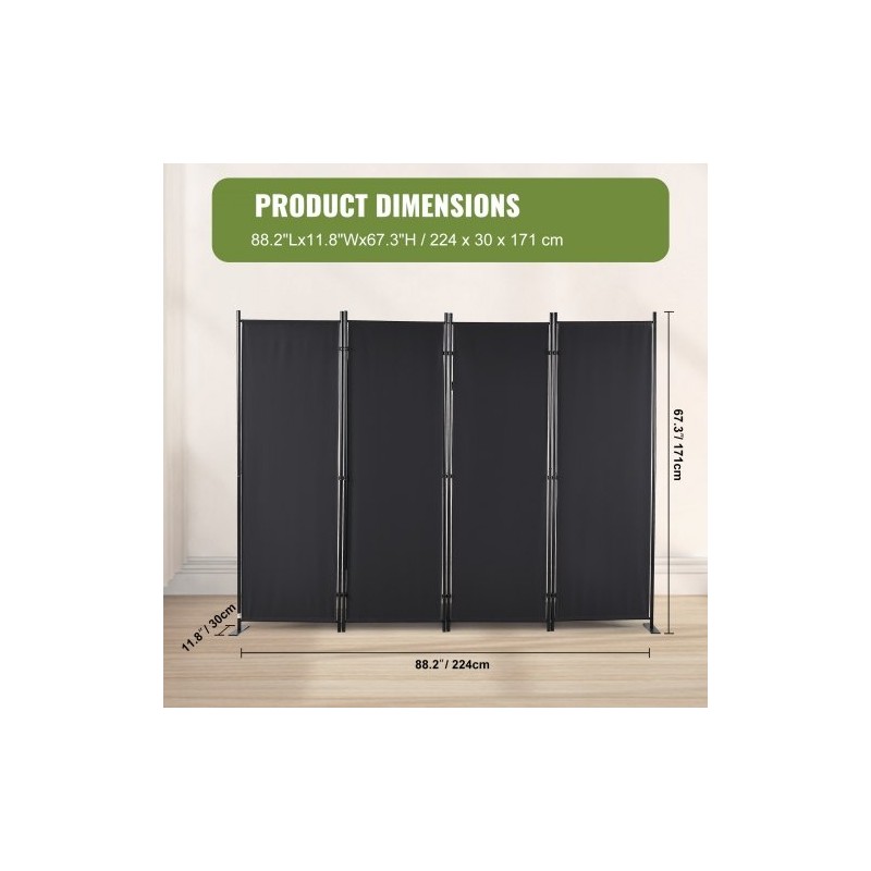 Tilanjakaja 4-paneelinen taitettava hiiliteräsrunko vedenpitävä polyesterikangas 224x30x171 cm sisäkäyttöön