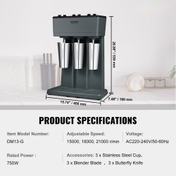 Pirtelökone ruostumatonta terästä kolmipäinen kolmella 820 millilitran kupilla