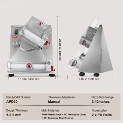 Automaattinen pizzataikinanlevytin 201-ruostumaton teräsrunko 3–12 tuuman pizzapohjille säädettävä 1–5,5 mm