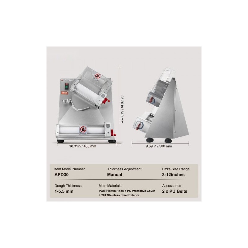 Automaattinen pizzataikinanlevytin 201-ruostumaton teräsrunko 3–12 tuuman pizzapohjille säädettävä 1–5,5 mm
