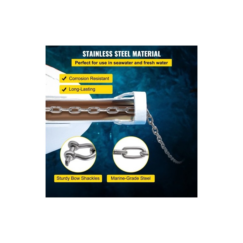 Ankkurikettinki 316-ruostumattomasta teräksestä 6,1 m 8 mm kaksi D-sakkelia pienille veneille