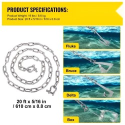 Ankkurikettinki 316-ruostumattomasta teräksestä 6,1 m 8 mm kaksi D-sakkelia pienille veneille
