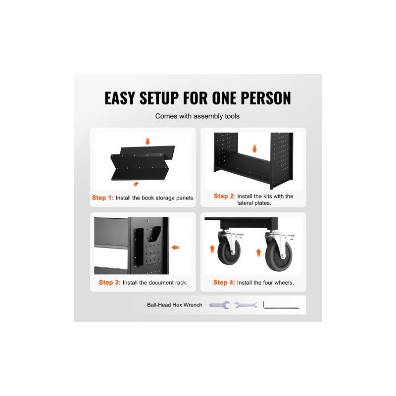 Kirjavaunu hiiliterästä 3 W-muotoista hyllyä 150 kg 4 pyörää 2 lukittavaa