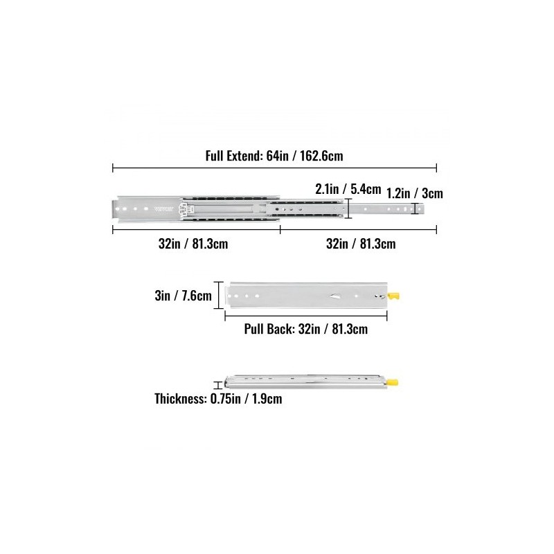 Raskaan käytön laatikkokiskosarja kylmävalssattu teräs 81,3 cm 226,8 kg 1 pari