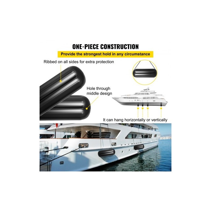 Vinyyliset rivatut veneen törmäyspuskurit 10 x 28 tuumaa 4 kpl keskireiällä musta