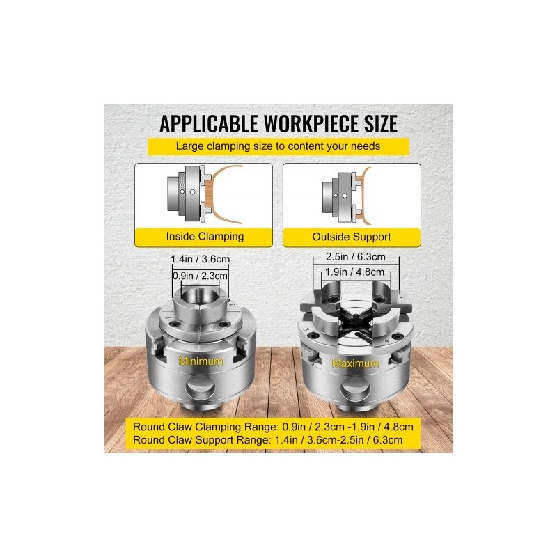 Teräksinen puusorvin istukka halkaisija 69,85 millimetriä nelileukainen itseään keskittävä 1 tuuman kierre