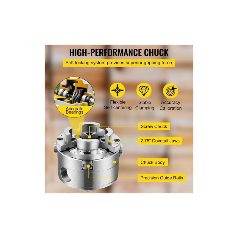 Teräksinen puusorvin istukka halkaisija 69,85 millimetriä nelileukainen itseään keskittävä 1 tuuman kierre