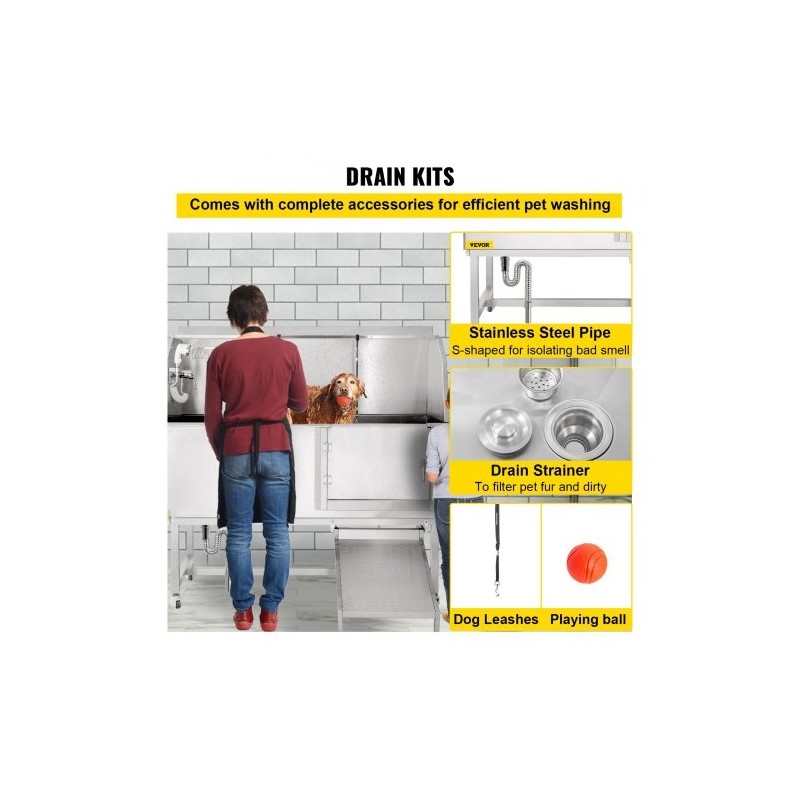 Koiranpesuallas 304-ruostumattomasta teräksestä sopii 150 cm lemmikeille liukuovella hanalla ja suihkulla