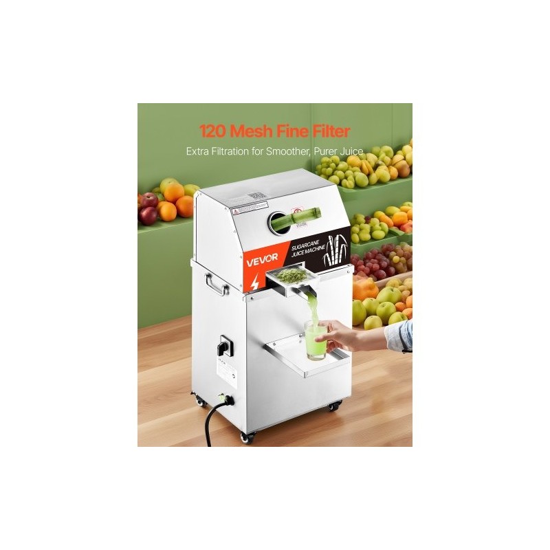 Sähköinen sokeriruokomehustin 800 wattia 3 ruostumatonta telaa 300 kilogrammaa tunnissa pyörillä