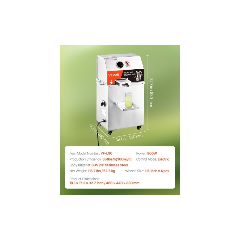 Sähköinen sokeriruokomehustin 800 wattia 3 ruostumatonta telaa 300 kilogrammaa tunnissa pyörillä