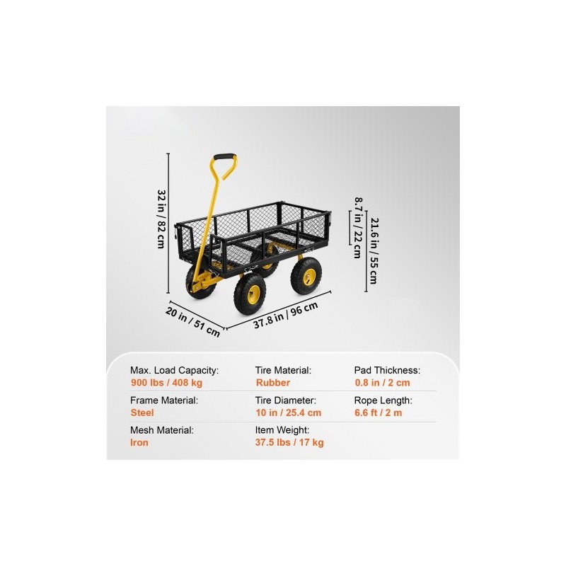 Teräs puutarhavaunu 408 kilogramman kantavuudella irrotettavilla verkkolaidoilla kääntyvällä vetoaisalla 25,4 senttimetrin