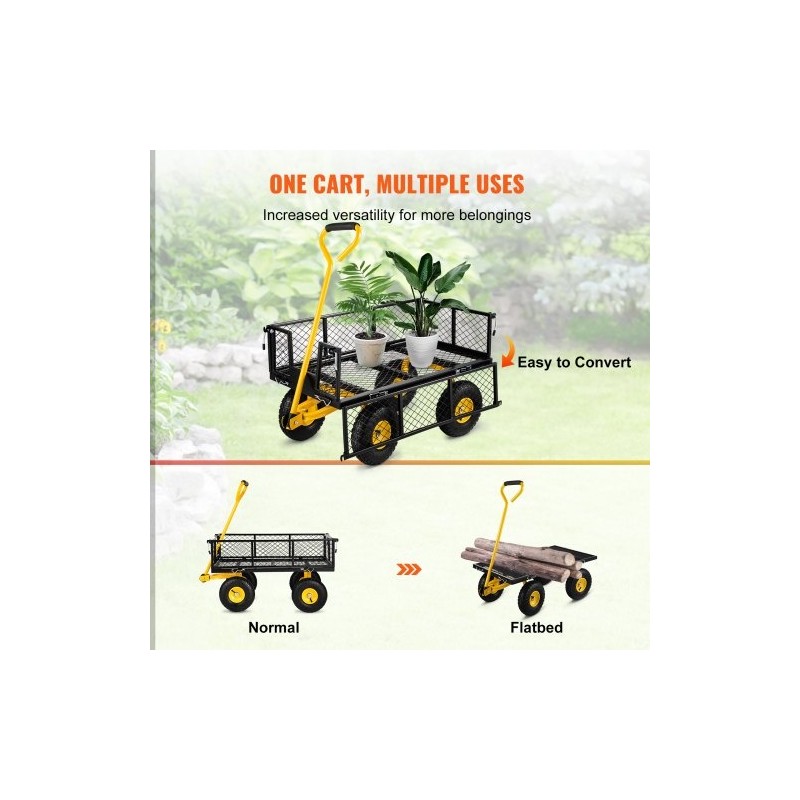 Teräksinen puutarhavaunu 227 kg irrotettavat verkkosivut 25,4 cm kumirenkaat 180 asteen kahva