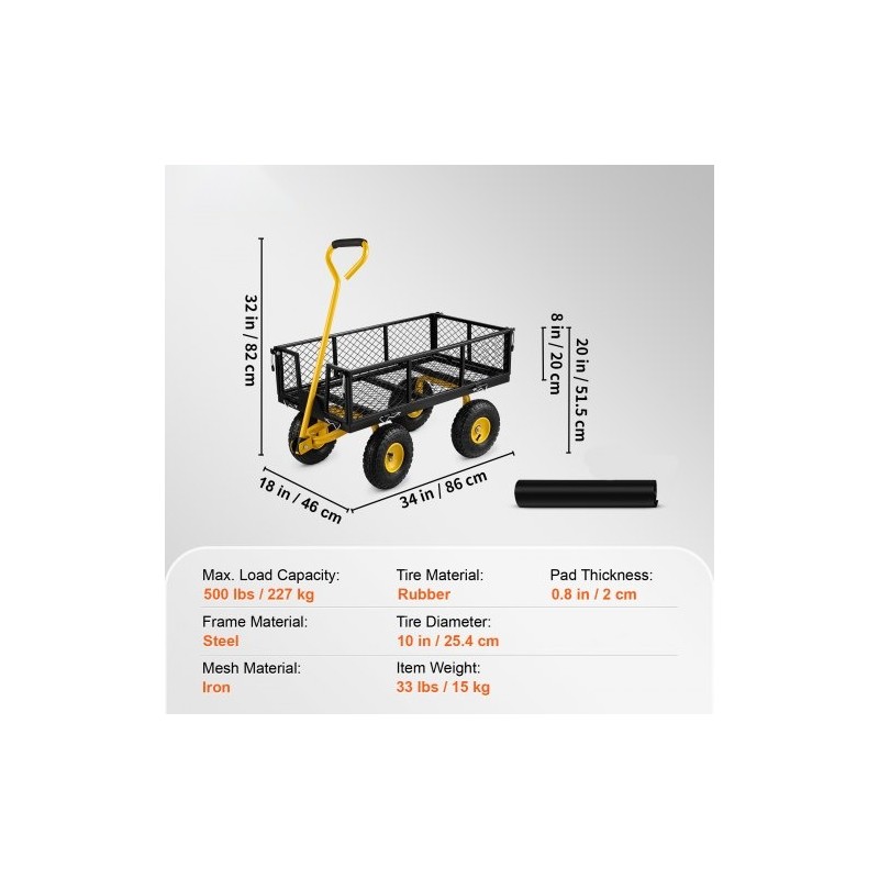Teräksinen puutarhavaunu 227 kg irrotettavat verkkosivut 25,4 cm kumirenkaat 180 asteen kahva