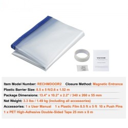 Pölysulkuseinä polyeteeni 2,6 x 1,52 m läpinäkyvällä magneettisella oviaukolla