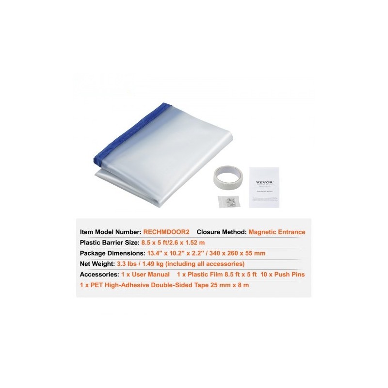 Pölysulkuseinä polyeteeni 2,6 x 1,52 m läpinäkyvällä magneettisella oviaukolla