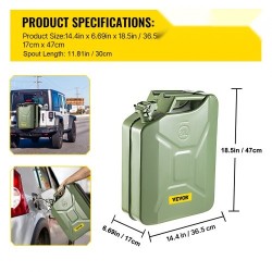 Teräksinen 20 L bensakanisteri ruosteenkestävä lämpöä kestävä joustavalla kaatonokalla vihreä