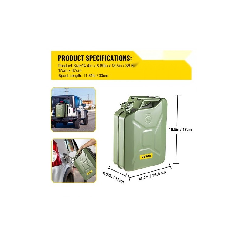 Teräksinen 20 L bensakanisteri ruosteenkestävä lämpöä kestävä joustavalla kaatonokalla vihreä