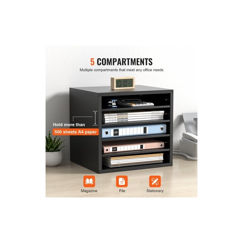 Kirjelajittelija 5 lokeroa säädettävät hyllyt P2-luokan lastulevy MDF 355x305x330 mm musta