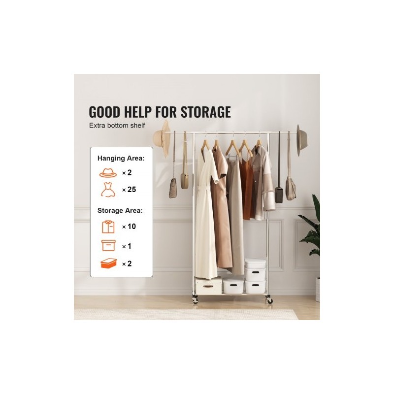 Vaateteline hiiliteräs kromipinnoitteella säädettävä 78–138 cm ylätanko alahylly 4 pyörää 2 lukittavaa