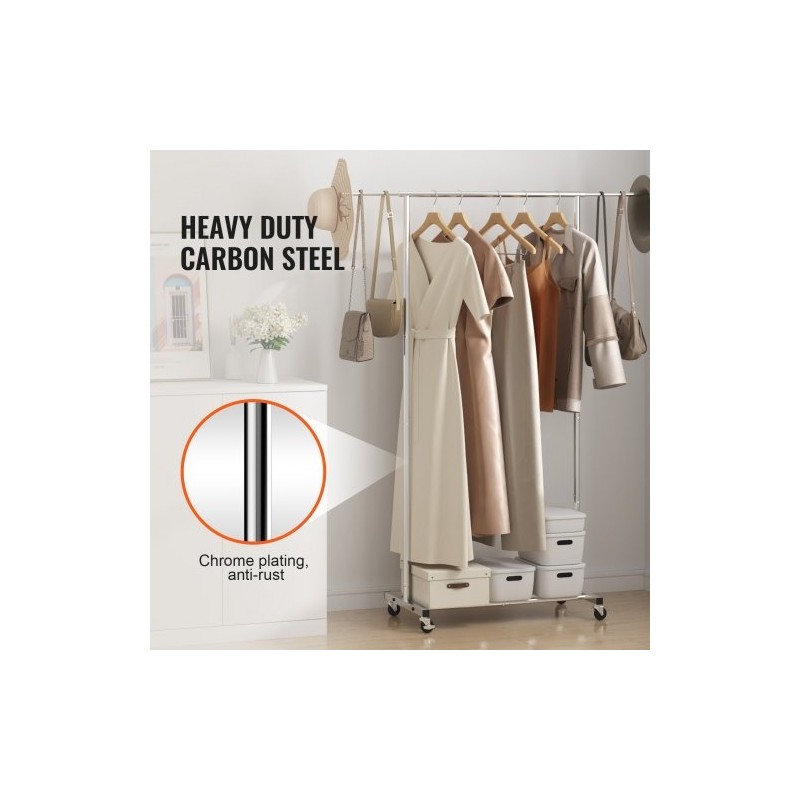 Vaateteline hiiliteräs kromipinnoitteella säädettävä 78–138 cm ylätanko alahylly 4 pyörää 2 lukittavaa