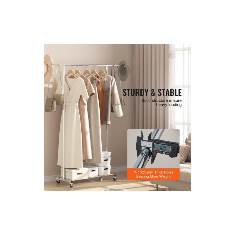 Vaateteline hiiliteräs kromipinnoitteella säädettävä 78–138 cm ylätanko alahylly 4 pyörää 2 lukittavaa