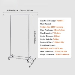Vaateteline hiiliteräs kromipinnoitteella säädettävä 78–138 cm ylätanko alahylly 4 pyörää 2 lukittavaa