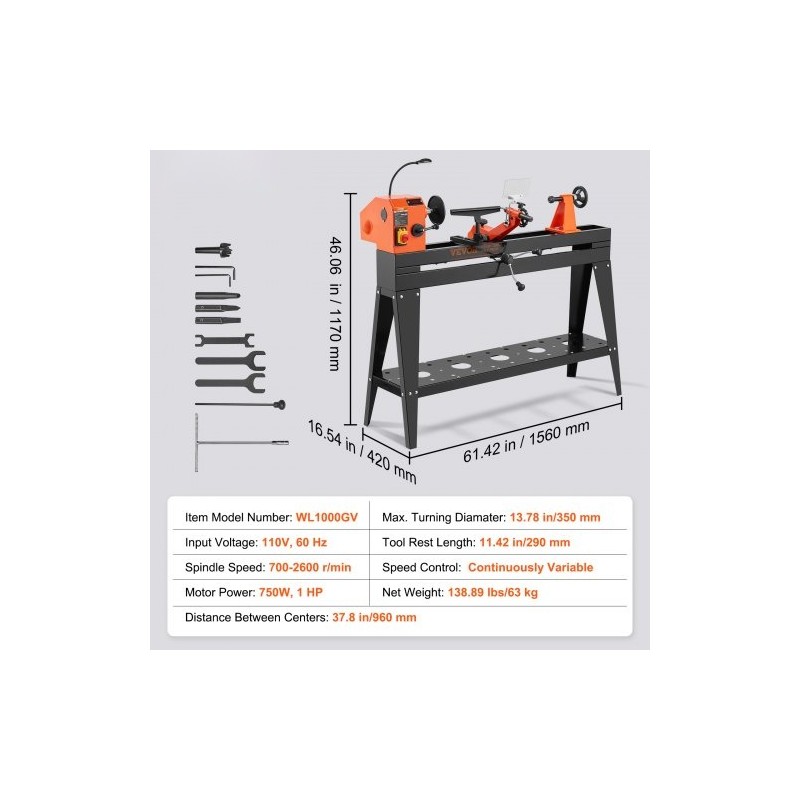 Puusorvi jalustalla 750 wattia 960 mm työpituus 350 mm halkaisija portaattinen nopeussäätö