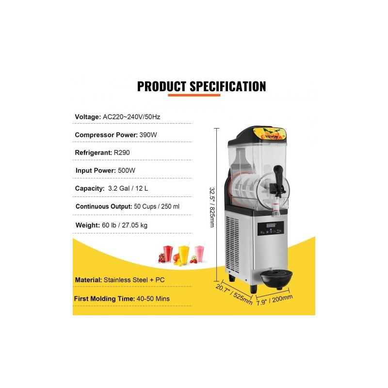 Yksialtainen slush-kone 12 l ruostumatonta terästä ja PC-muovia 220V
