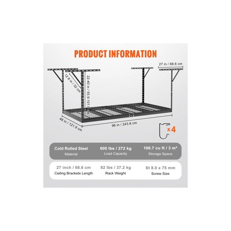 Autotallin kattohylly kylmävalssattua terästä 121,9x243,8 cm säädettävä 55,9–101,6 cm 272 kg musta