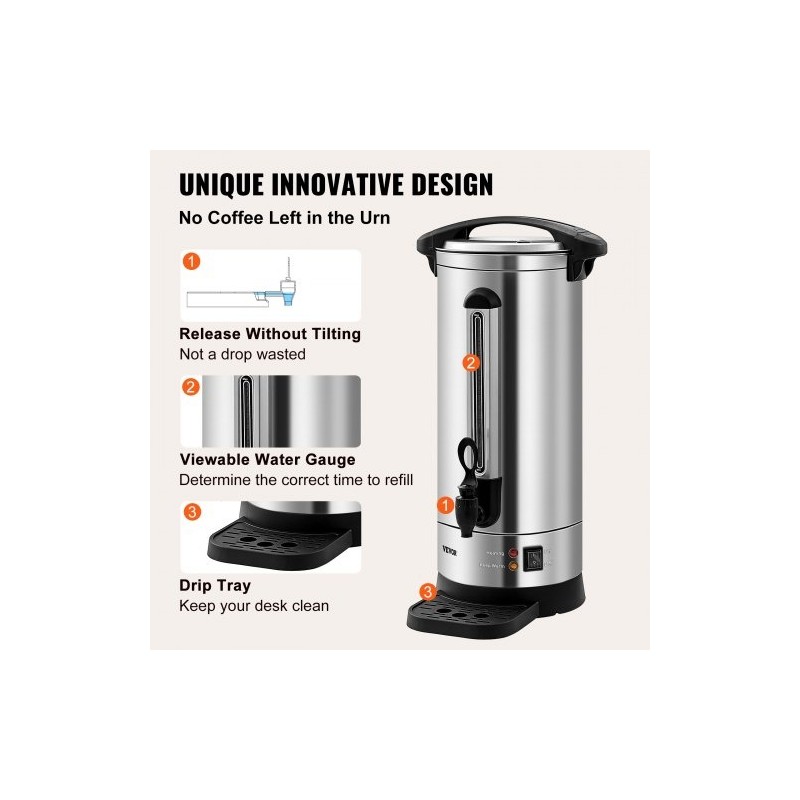 Kahvipannu ruostumattomasta teräksestä 16,4 l noin 110 kuppia 1500W kaksoisseinällä irrotettavalla virtajohdolla