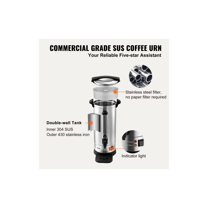 Kahvipannu ruostumattomasta teräksestä 16,4 l noin 110 kuppia 1500W kaksoisseinällä irrotettavalla virtajohdolla