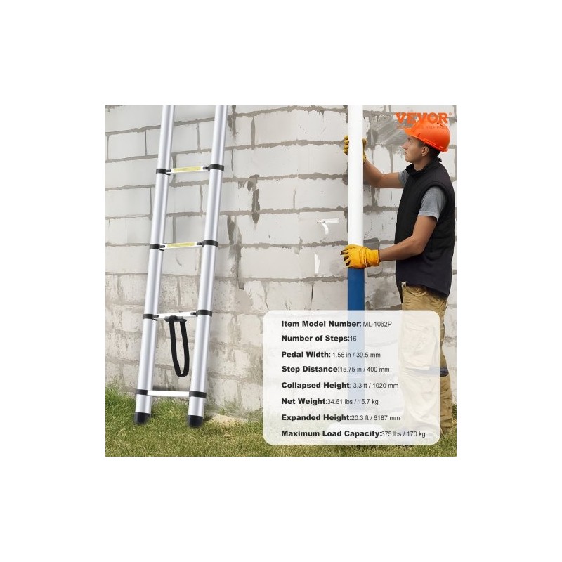 Teleskooppitikas alumiiniseoksesta 16 askelmaa 6,19 m 170 kg kantavuus liukumattomilla jalkatyynyillä