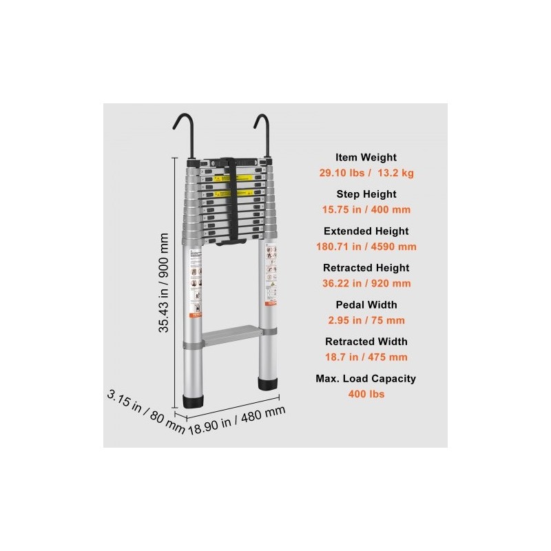 Teleskooppitikkaat alumiiniseoksesta 12 tasoa 459 cm avattuna 190 kg kantavuus