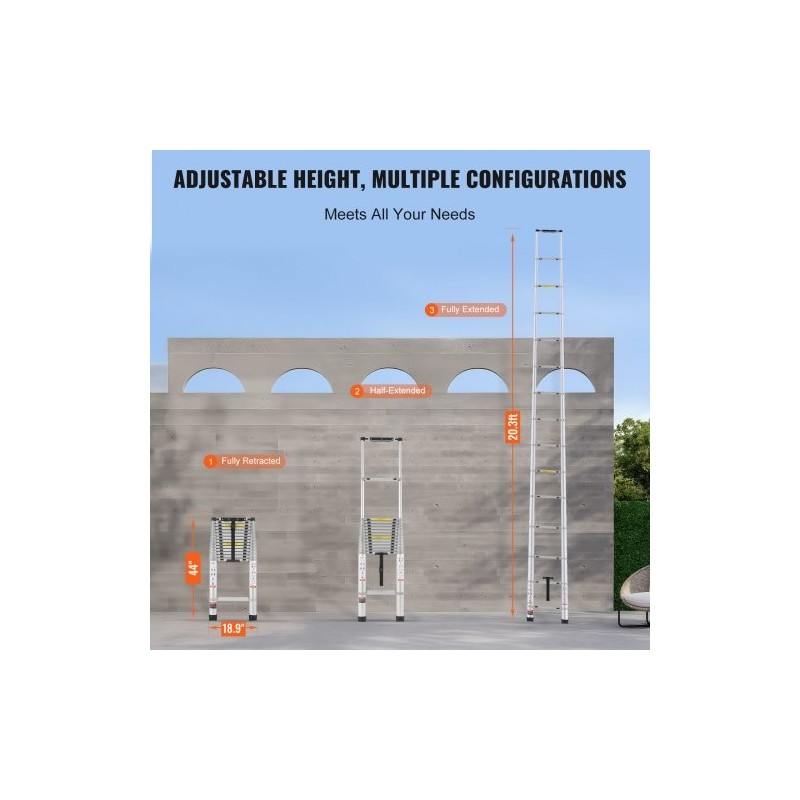 Teleskooppitikas alumiiniseoksesta 6,2 m kokoontaittuva 15 askelmaa 190 kg kantavuus liukuestolliset jalat
