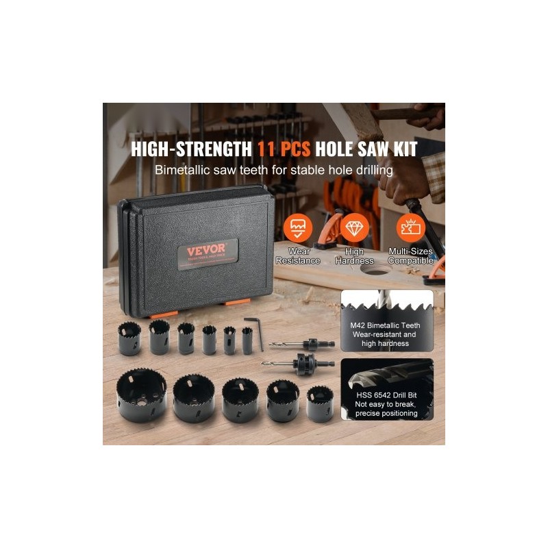 Reikäsahasarja bimetalli M42 11 kpl koot noin 3/4–3 puu rauta muovi säilytyslaukku