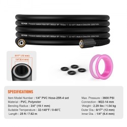 Painepesurin letku 7,6 m PVC 6,35 mm M22-14 mm messinkiliitin 3600 PSI