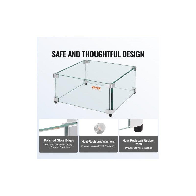 Neliömallinen lasinen tuulensuoja tulipöydälle karkaistu 8 mm 543x543x191 mm alumiinikiinnikkeillä