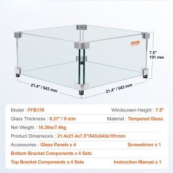 Neliömallinen lasinen tuulensuoja tulipöydälle karkaistu 8 mm 543x543x191 mm alumiinikiinnikkeillä