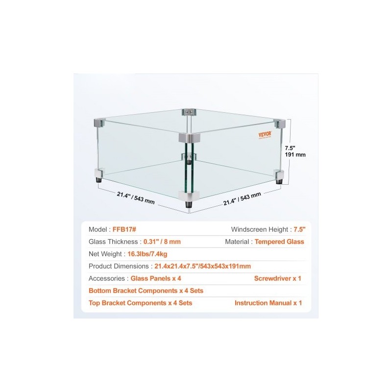 Neliömallinen lasinen tuulensuoja tulipöydälle karkaistu 8 mm 543x543x191 mm alumiinikiinnikkeillä