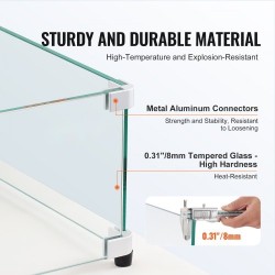 Tuulensuoja tulipöydälle karkaistua lasia 8 mm mitat 748×340×165 mm alumiinikulmat kumijalat