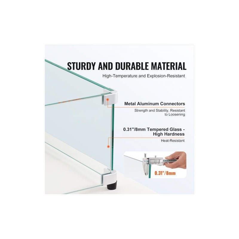 Tuulensuoja tulipöydälle karkaistua lasia 8 mm mitat 748×340×165 mm alumiinikulmat kumijalat